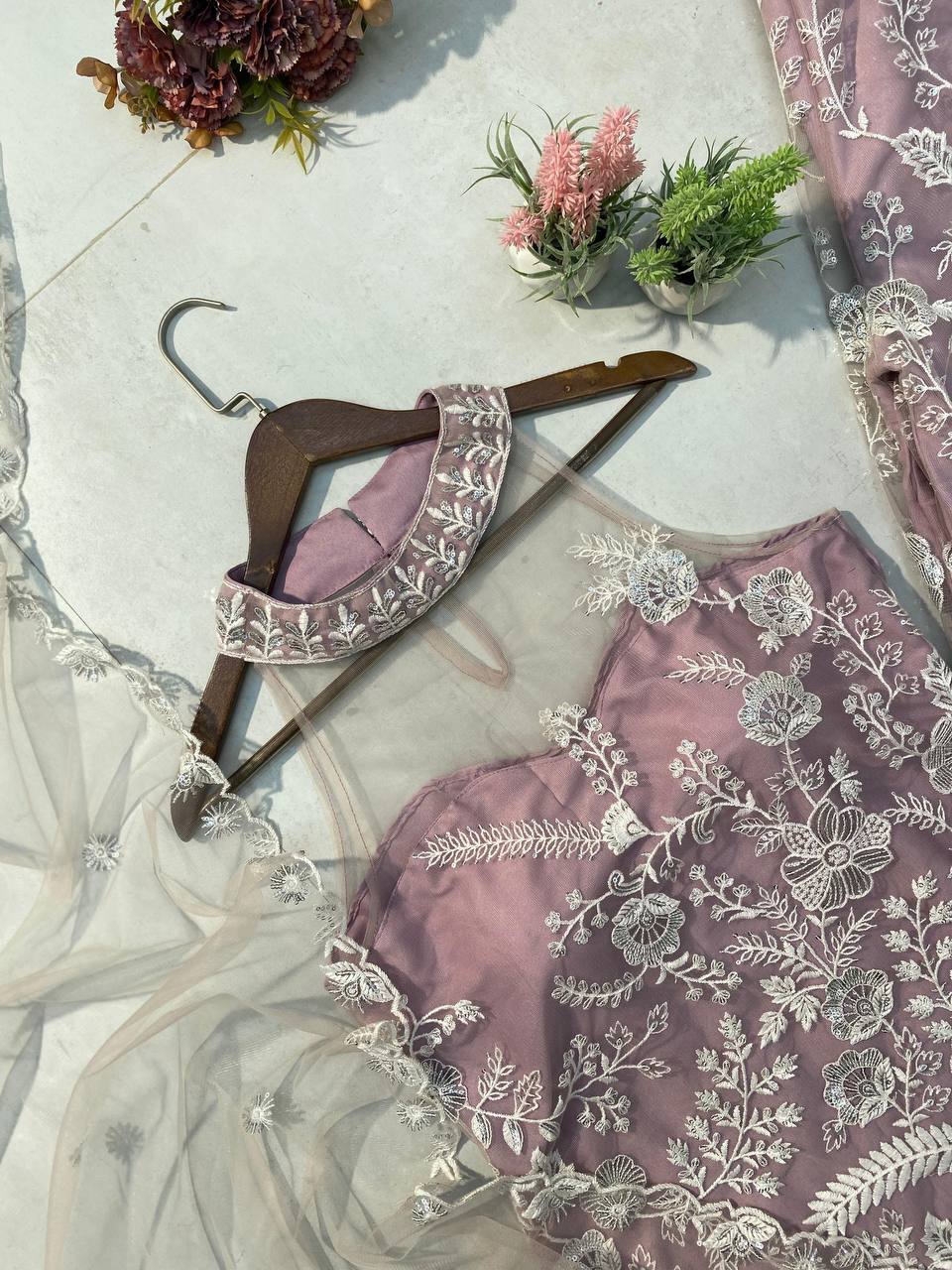 Engagement Wear Dusty Pink Color Butterfly Net Sequence Embroidery Work Palazzo Suit