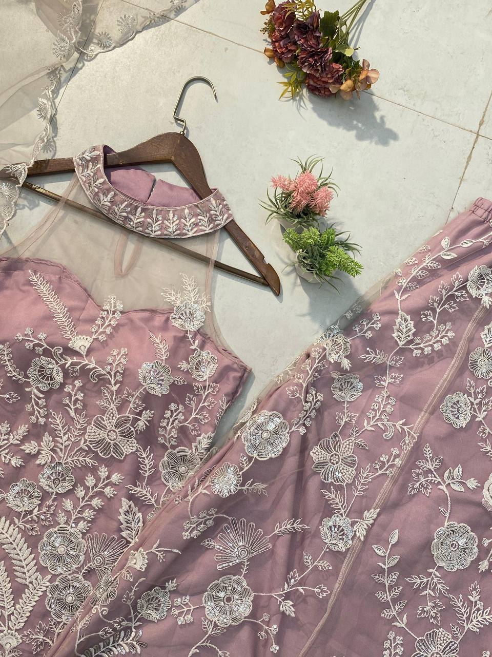 Engagement Wear Dusty Pink Color Butterfly Net Sequence Embroidery Work Palazzo Suit