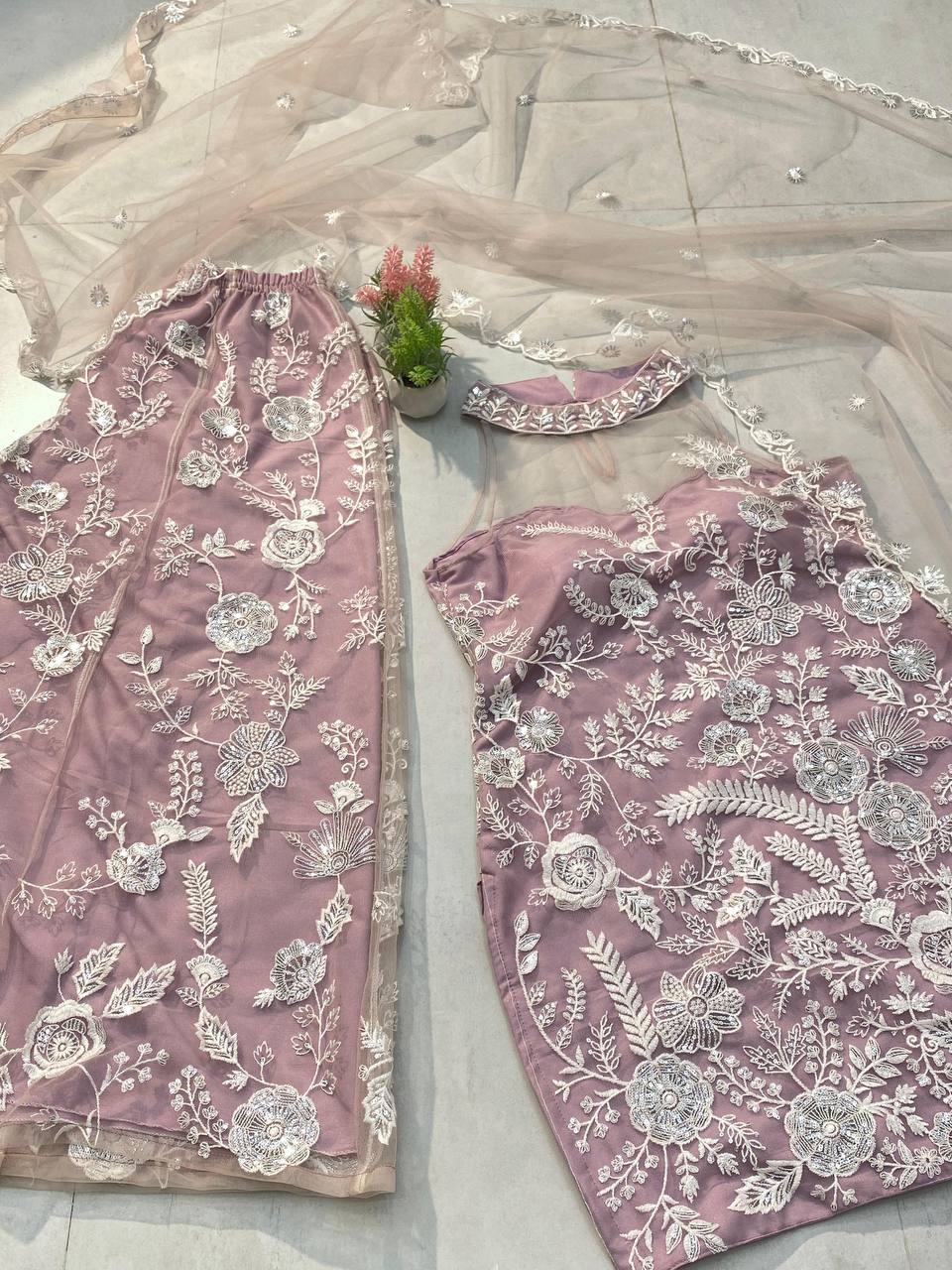 Engagement Wear Dusty Pink Color Butterfly Net Sequence Embroidery Work Palazzo Suit