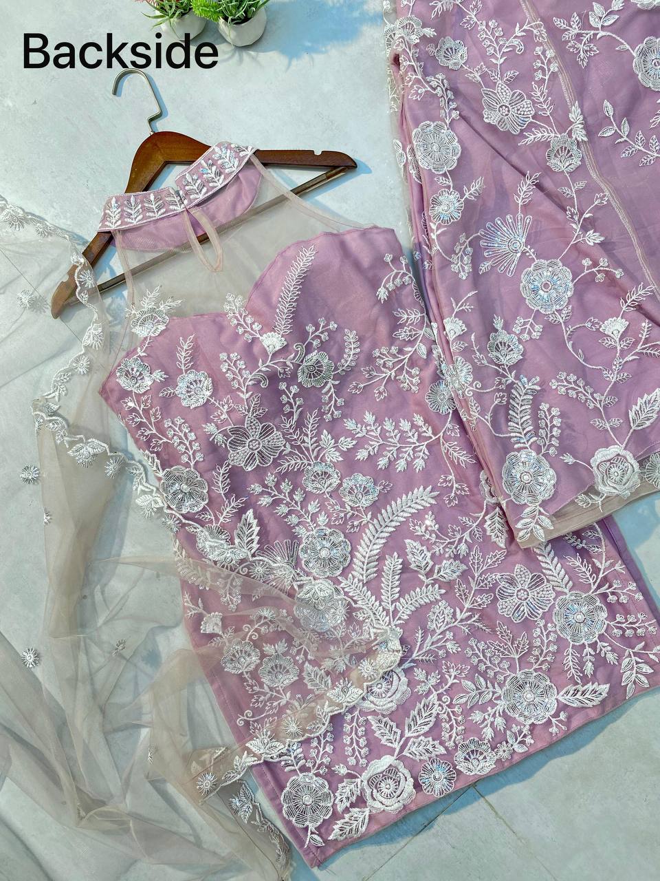 Engagement Wear Dusty Pink Color Butterfly Net Sequence Embroidery Work Palazzo Suit