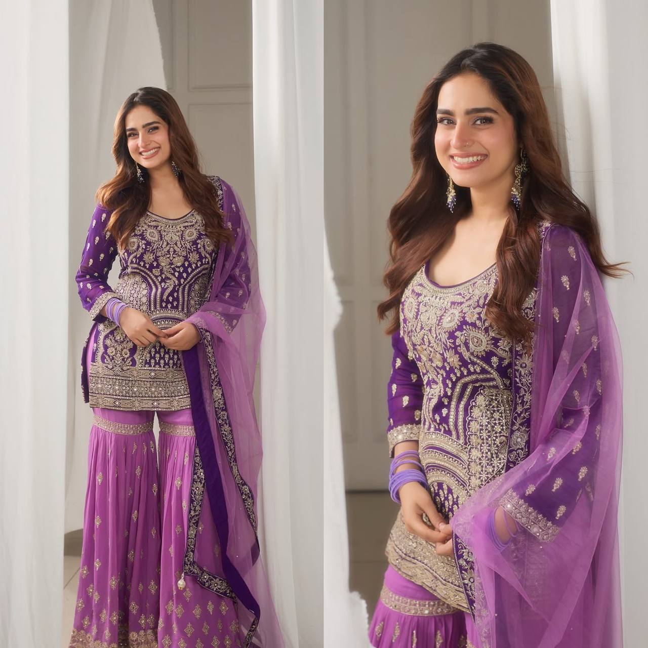 Ceremony Wear Purple Color Embroidered Suit On Georgette Fabric With Heavy Work Sharara Suit With Dupatta