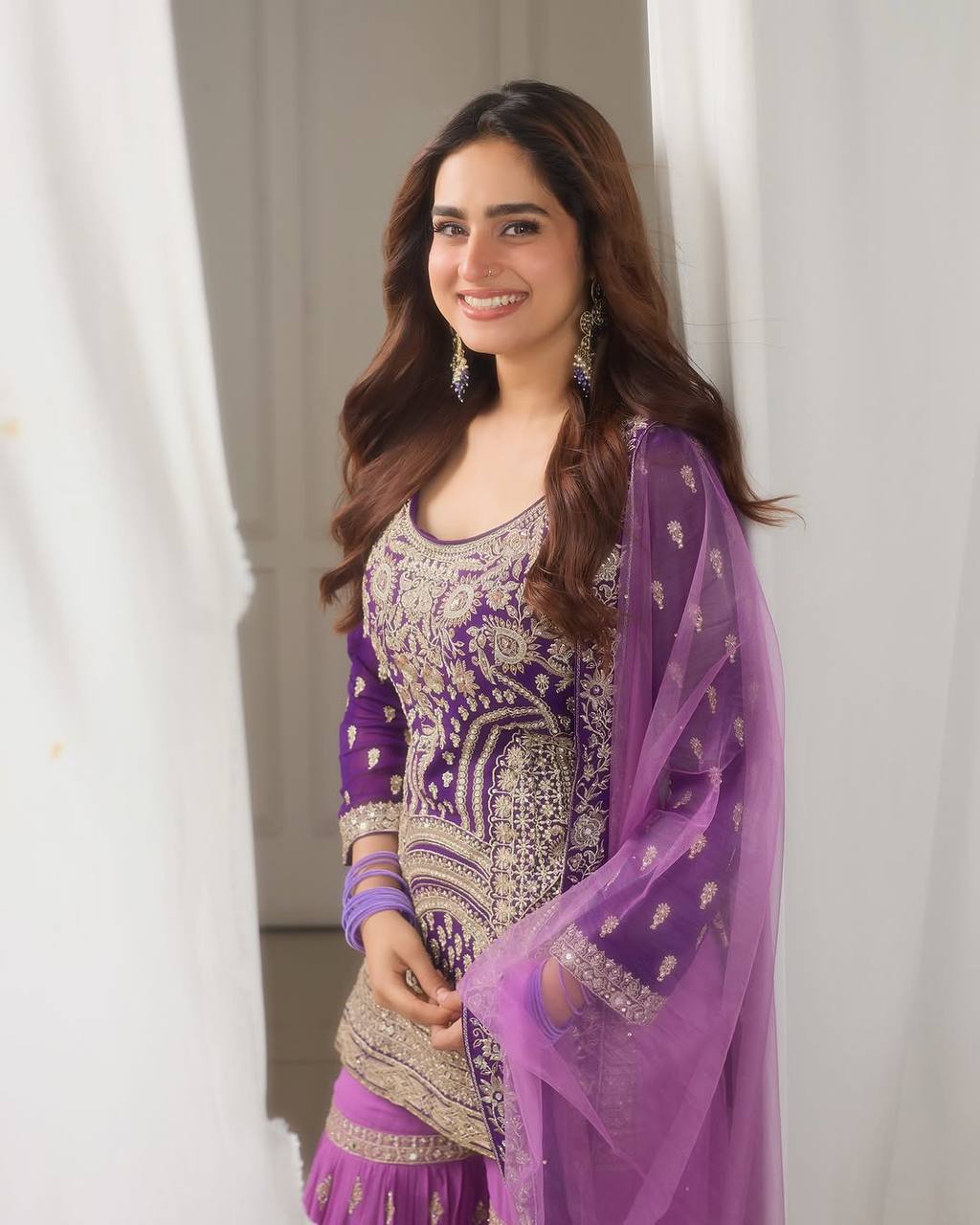 Ceremony Wear Purple Color Embroidered Suit On Georgette Fabric With Heavy Work Sharara Suit With Dupatta