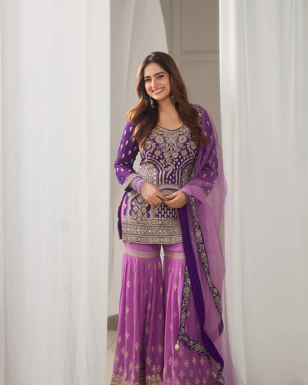 Ceremony Wear Purple Color Embroidered Suit On Georgette Fabric With Heavy Work Sharara Suit With Dupatta
