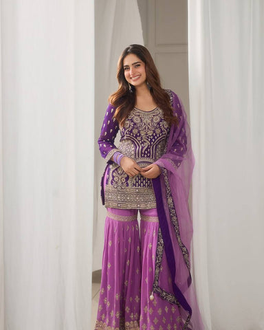 Ceremony Wear Purple Color Embroidered Suit On Georgette Fabric With Heavy Work Sharara Suit With Dupatta