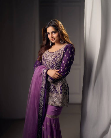 Ceremony Wear Purple Color Embroidered Suit On Georgette Fabric With Heavy Work Sharara Suit With Dupatta