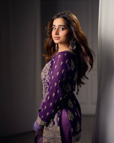 Ceremony Wear Purple Color Embroidered Suit On Georgette Fabric With Heavy Work Sharara Suit With Dupatta