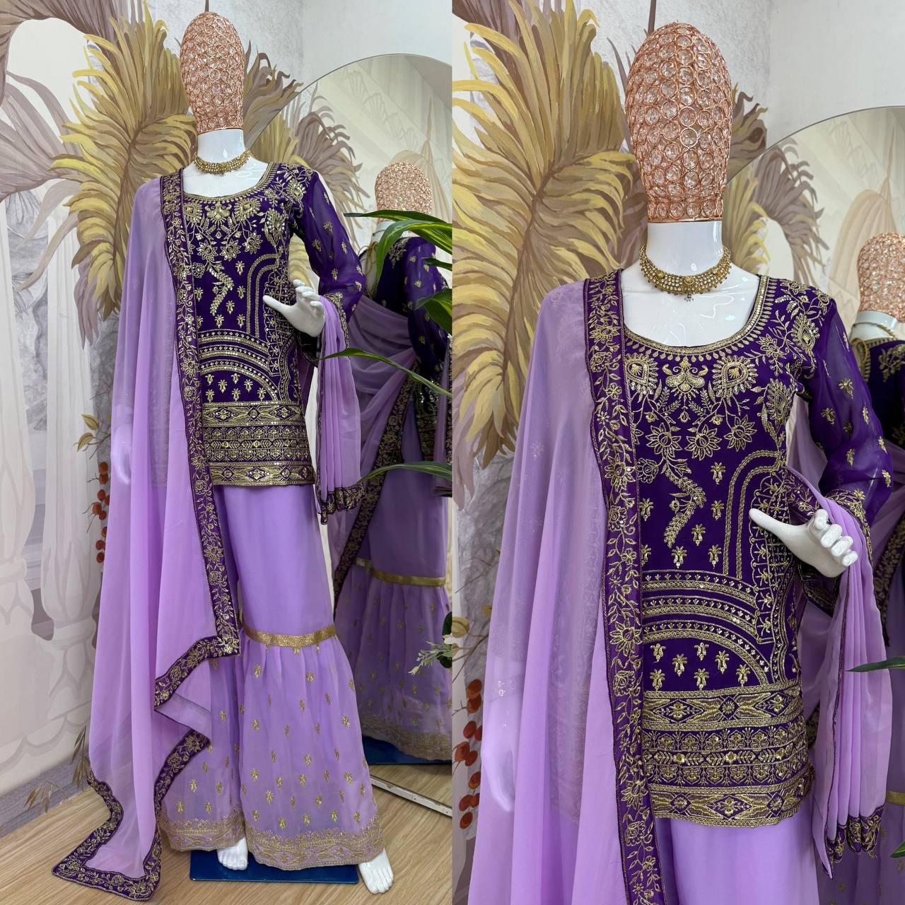 Ceremony Wear Purple Color Embroidered Suit On Georgette Fabric With Heavy Work Sharara Suit With Dupatta