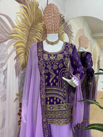 Ceremony Wear Purple Color Embroidered Suit On Georgette Fabric With Heavy Work Sharara Suit With Dupatta
