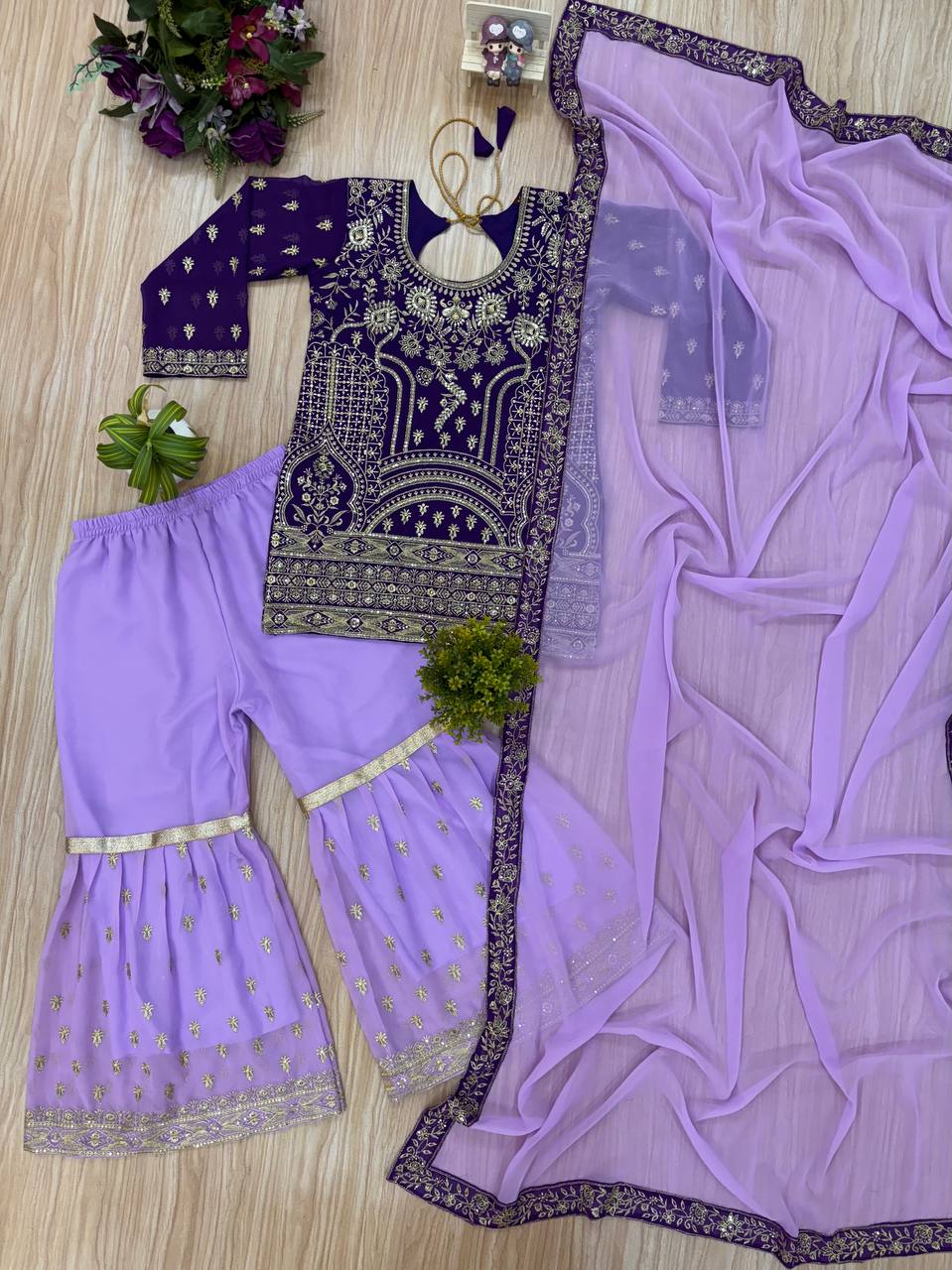 Ceremony Wear Purple Color Embroidered Suit On Georgette Fabric With Heavy Work Sharara Suit With Dupatta