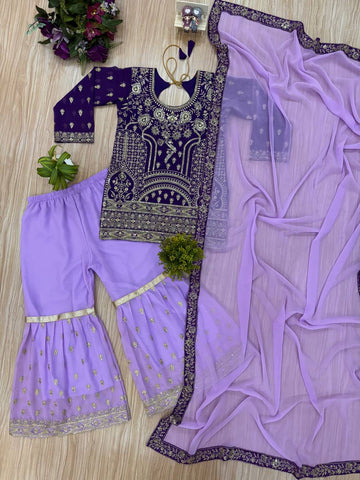 Ceremony Wear Purple Color Embroidered Suit On Georgette Fabric With Heavy Work Sharara Suit With Dupatta