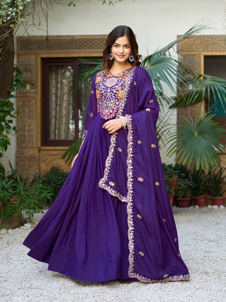 Elegant Royal Blue Color Star Georgette  Sequence With Thread Work Gown