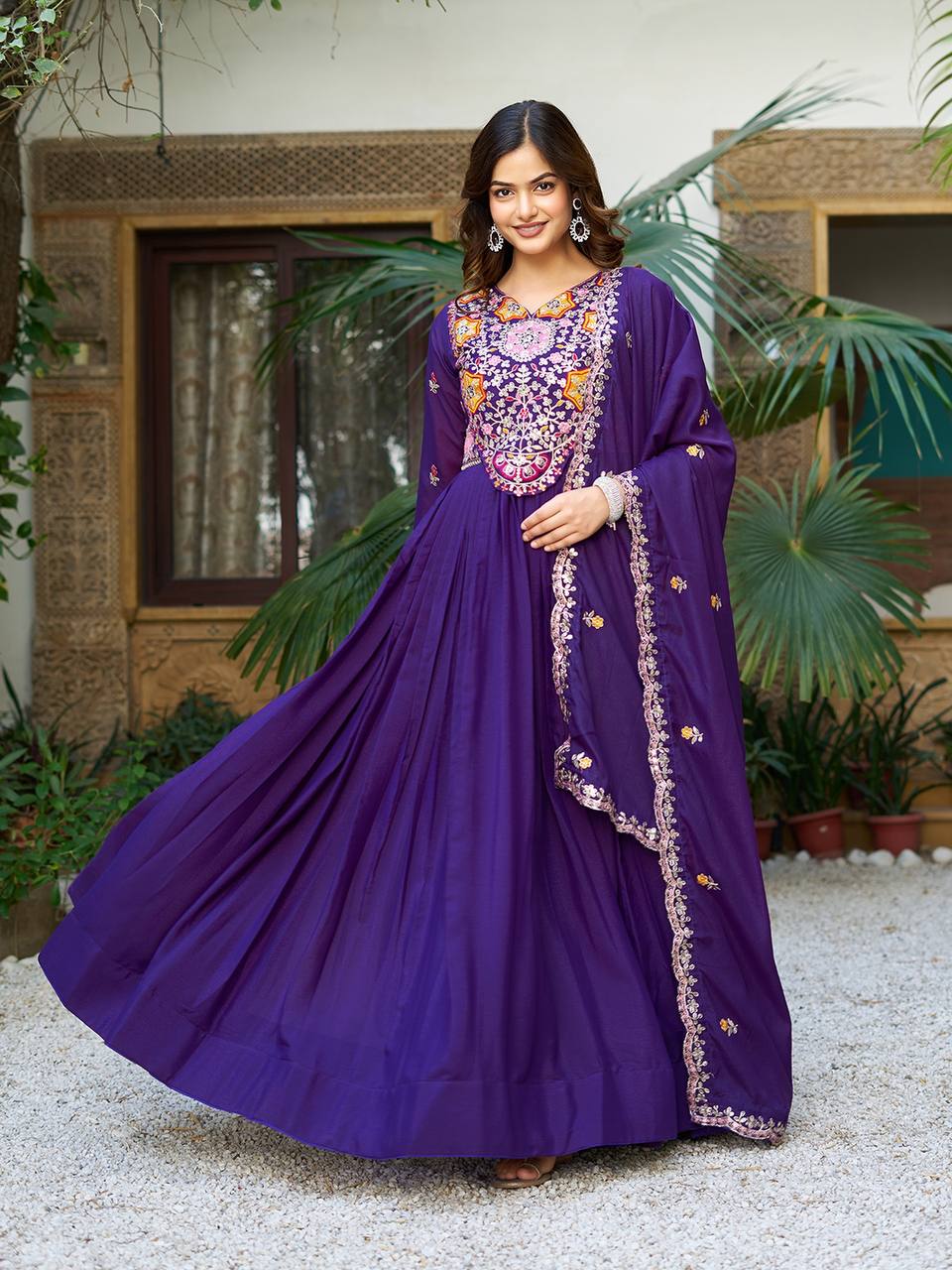 Elegant Royal Blue Color Star Georgette  Sequence With Thread Work Gown