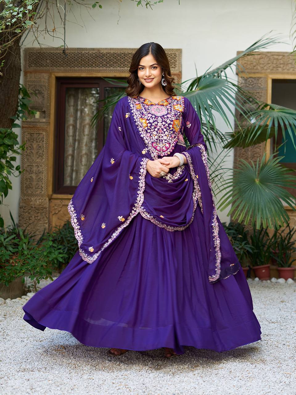Elegant Royal Blue Color Star Georgette  Sequence With Thread Work Gown