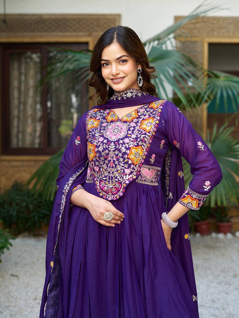 Elegant Royal Blue Color Star Georgette  Sequence With Thread Work Gown