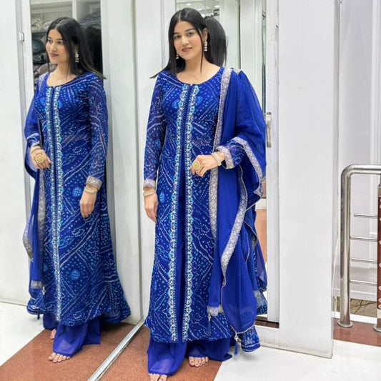 Stylish Blue Color Heavy Faux Georgette Fancy Digital Print With Embroidery Sequins Work Palazzo Suit
