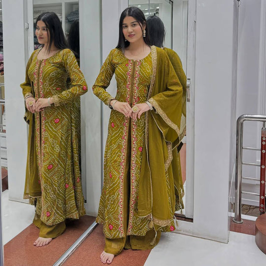 Alluring Mustard Color Heavy Faux Georgette Fancy Digital Print With Embroidery Sequins Work Palazzo Suit