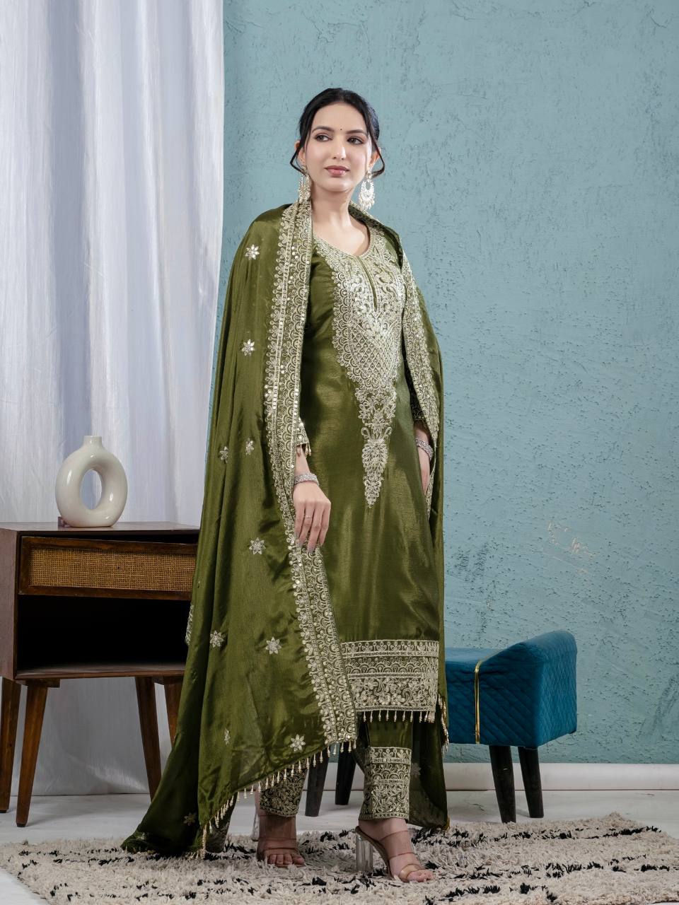 Fabulous Style Green Color Pure Chinon Silk With Embroidery Coding Sequence Work Salwar Suit