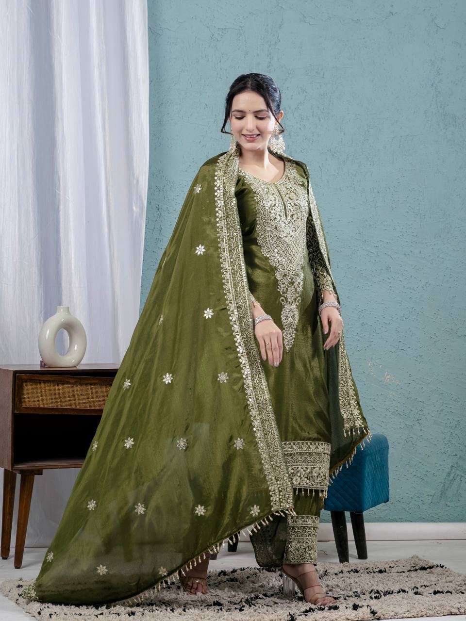 Fabulous Style Green Color Pure Chinon Silk With Embroidery Coding Sequence Work Salwar Suit