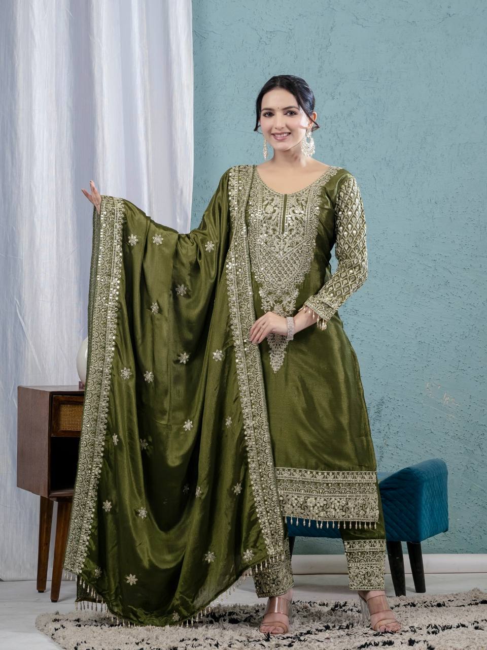 Fabulous Style Green Color Pure Chinon Silk With Embroidery Coding Sequence Work Salwar Suit