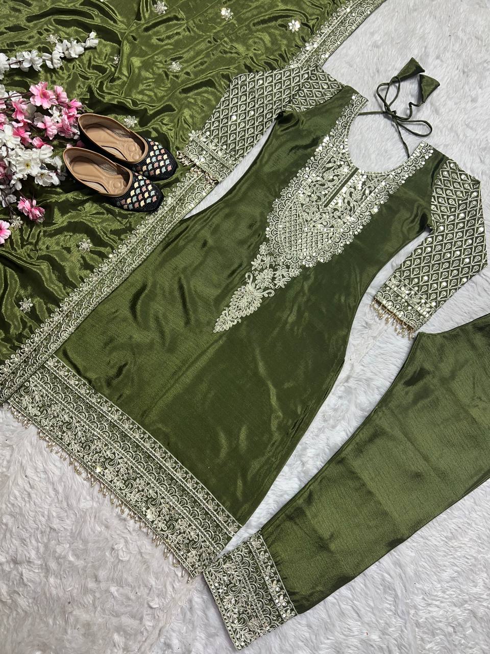 Fabulous Style Green Color Pure Chinon Silk With Embroidery Coding Sequence Work Salwar Suit