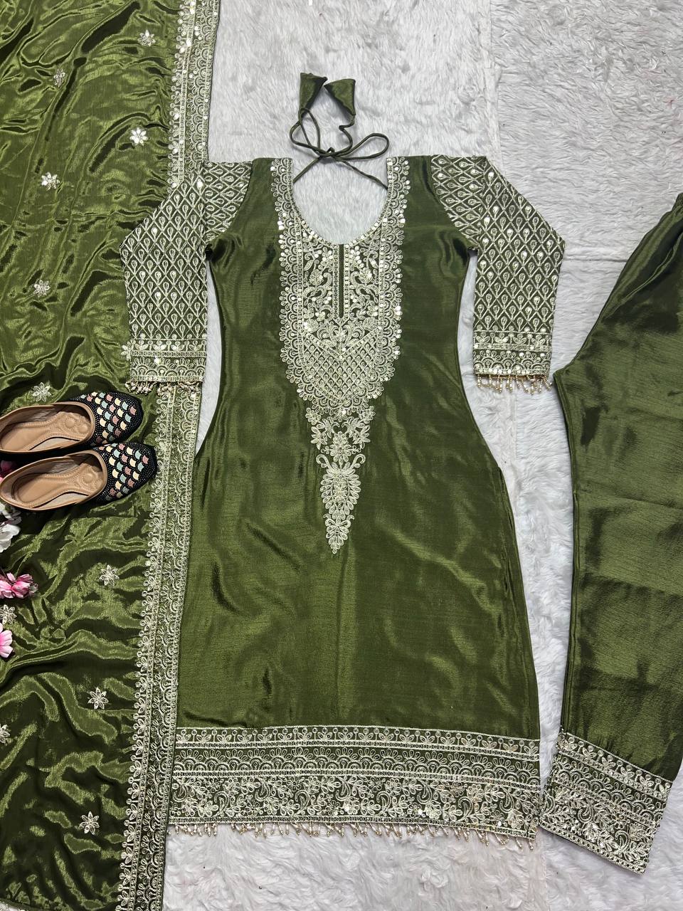 Fabulous Style Green Color Pure Chinon Silk With Embroidery Coding Sequence Work Salwar Suit