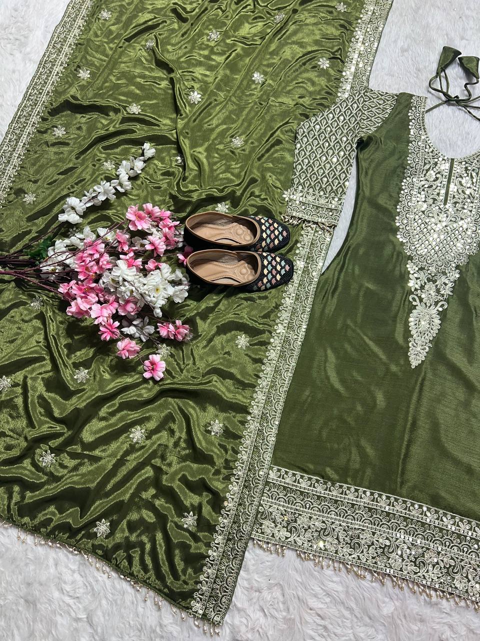 Fabulous Style Green Color Pure Chinon Silk With Embroidery Coding Sequence Work Salwar Suit