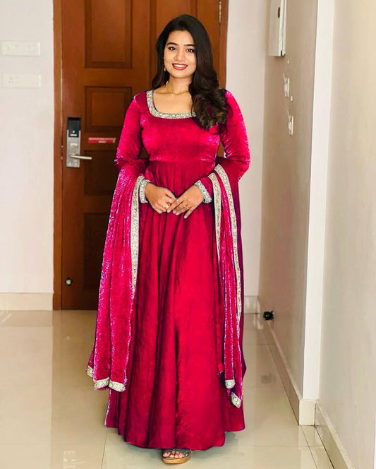 Wedding Wear Rose Color Heavy Fandy Silk With Embroidery Sequence Work Designer Gown