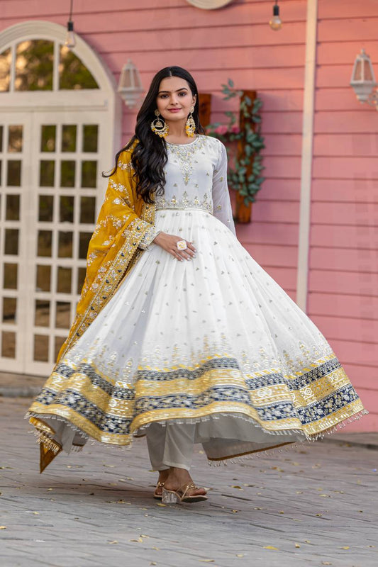 Embellished Fully Stitch Yellow Color Heavy Faux Georgette With Embroidery Sequence Work Designer Gown