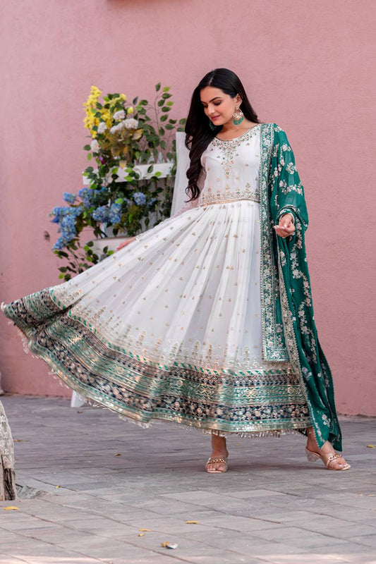 Embellished Fully Stitch Aqua Green Color Heavy Faux Georgette With Embroidery Sequence Work Designer Gown