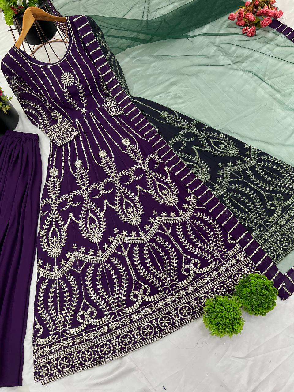 Opulent Purple Color Faux Georgette With Heavy Embroidery Sequence Work Palazzo Suit