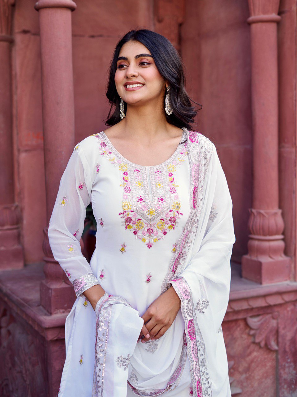 Function Wear White Color Faux Georgette And Thread With Sequence Work Sharara Suit