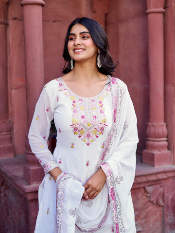 Function Wear White Color Faux Georgette And Thread With Sequence Work Sharara Suit