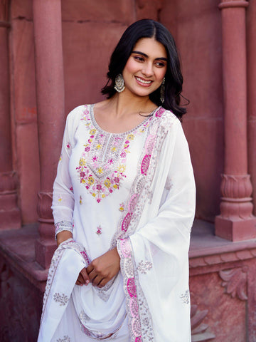 Function Wear White Color Faux Georgette And Thread With Sequence Work Sharara Suit
