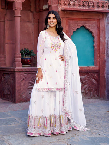 Function Wear White Color Faux Georgette And Thread With Sequence Work Sharara Suit