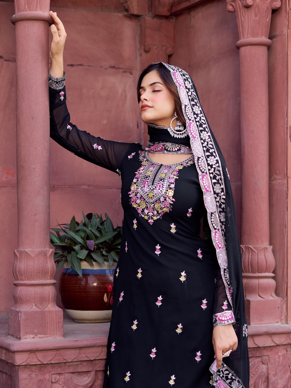 Function Wear Black Color Faux Georgette And Thread With Sequence Work Sharara Suit