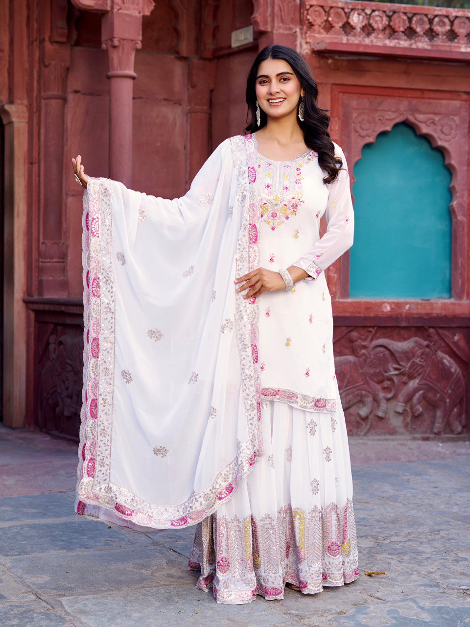Function Wear White Color Faux Georgette And Thread With Sequence Work Sharara Suit