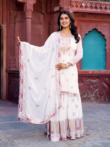 Function Wear White Color Faux Georgette And Thread With Sequence Work Sharara Suit