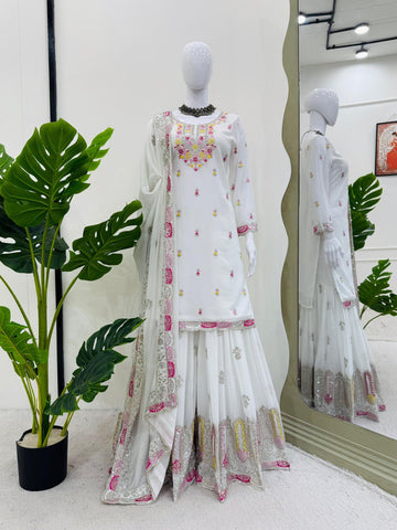 Function Wear White Color Faux Georgette And Thread With Sequence Work Sharara Suit