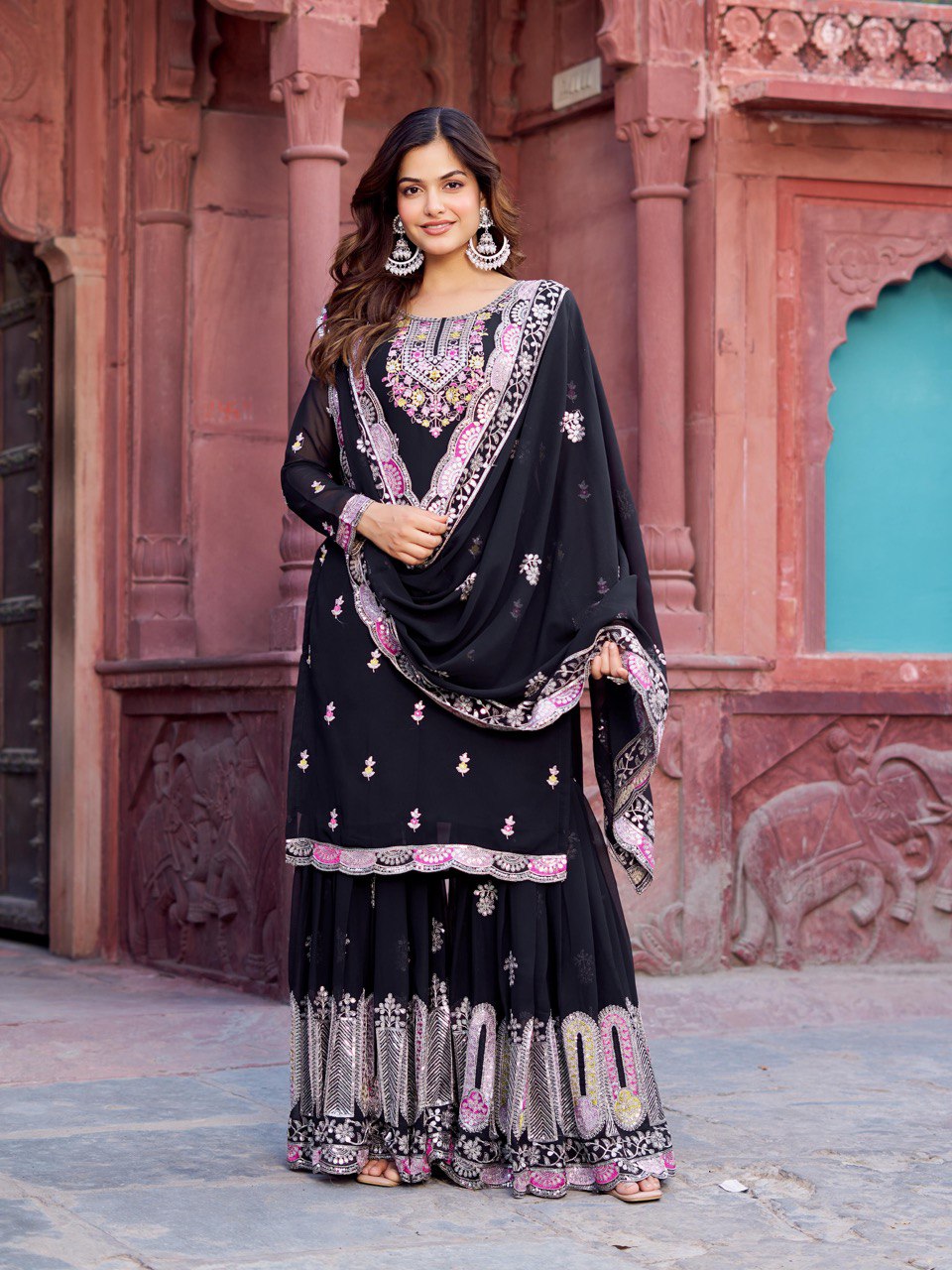 Function Wear Black Color Faux Georgette And Thread With Sequence Work Sharara Suit