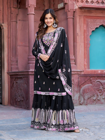 Function Wear Black Color Faux Georgette And Thread With Sequence Work Sharara Suit