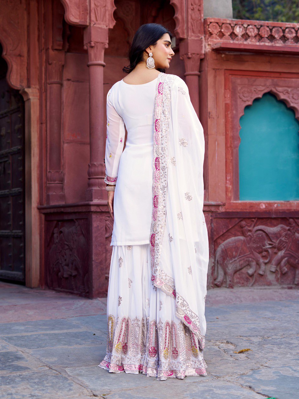 Function Wear White Color Faux Georgette And Thread With Sequence Work Sharara Suit
