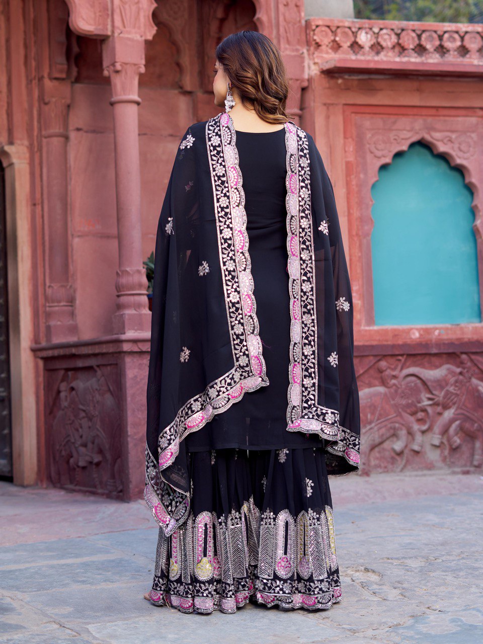 Function Wear Black Color Faux Georgette And Thread With Sequence Work Sharara Suit