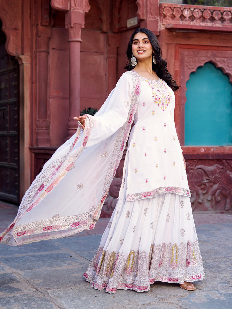 Function Wear White Color Faux Georgette And Thread With Sequence Work Sharara Suit