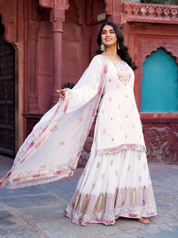 Function Wear White Color Faux Georgette And Thread With Sequence Work Sharara Suit