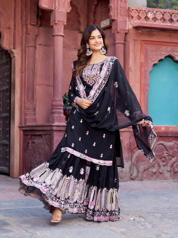 Function Wear Black Color Faux Georgette And Thread With Sequence Work Sharara Suit