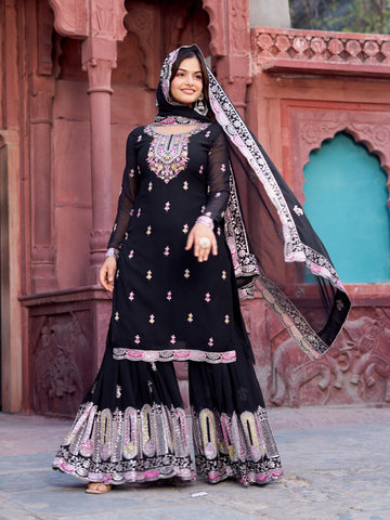 Function Wear Black Color Faux Georgette And Thread With Sequence Work Sharara Suit