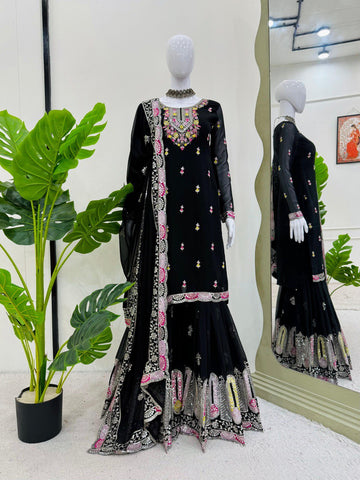 Function Wear Black Color Faux Georgette And Thread With Sequence Work Sharara Suit