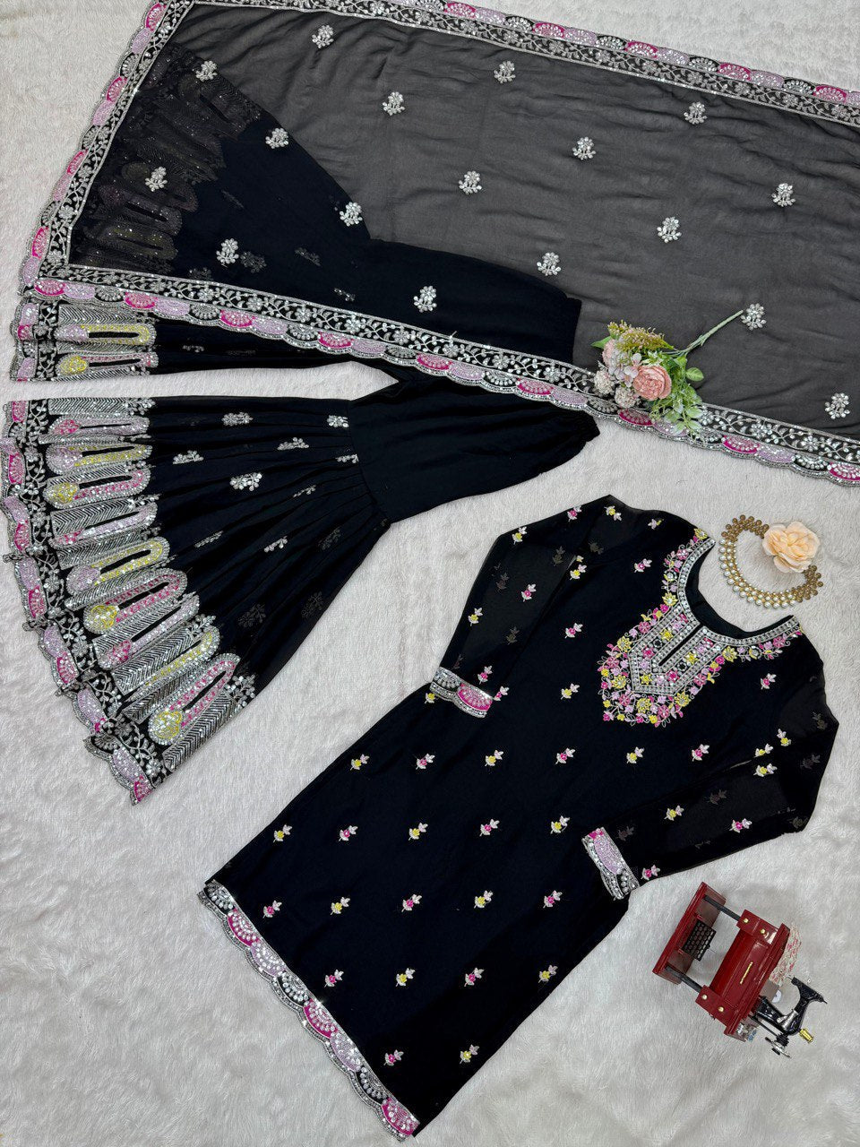 Function Wear Black Color Faux Georgette And Thread With Sequence Work Sharara Suit
