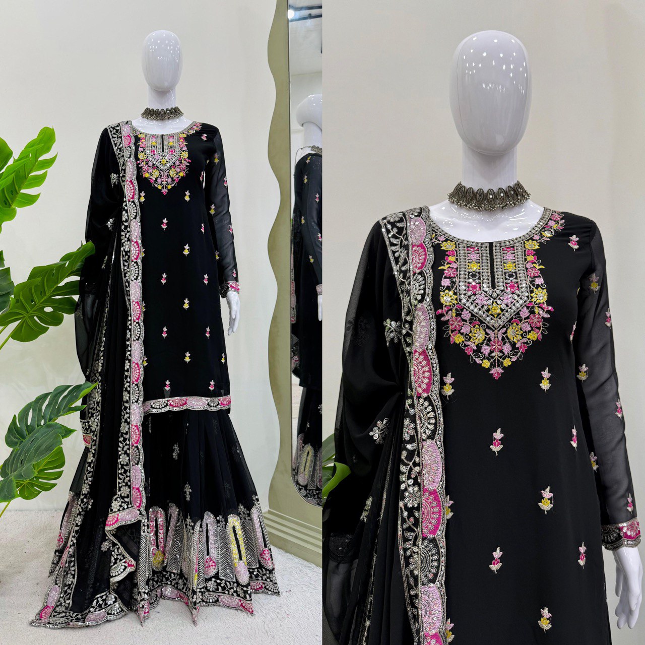 Function Wear Black Color Faux Georgette And Thread With Sequence Work Sharara Suit