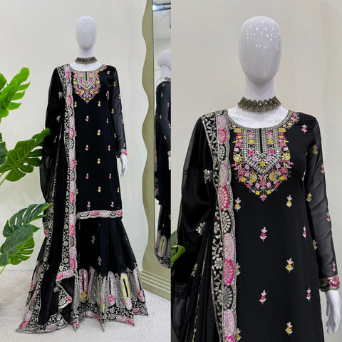 Function Wear Black Color Faux Georgette And Thread With Sequence Work Sharara Suit